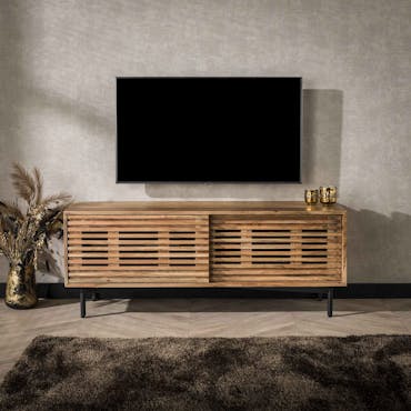  Petit meuble TV en bois à portes coulissantes motif baguette MELBOURNE