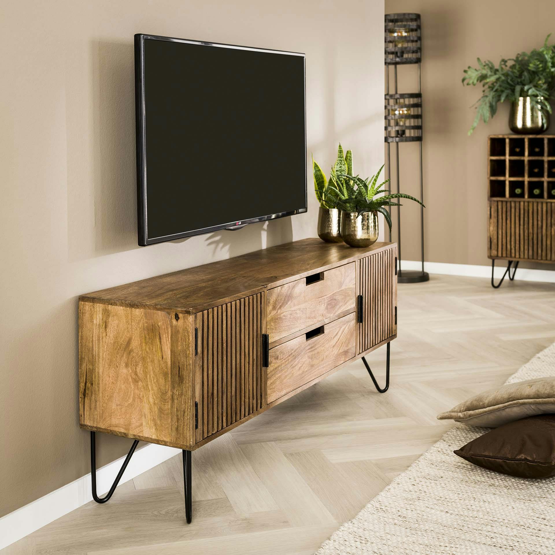 Petit meuble tv en bois de manguier strié DELHI, Meubles TV