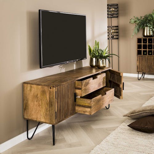 Petit meuble tv en bois de manguier strié DELHI