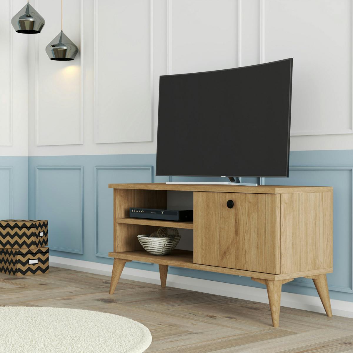 Petit meuble TV scandinave décor bois clair 1 porte UMEA