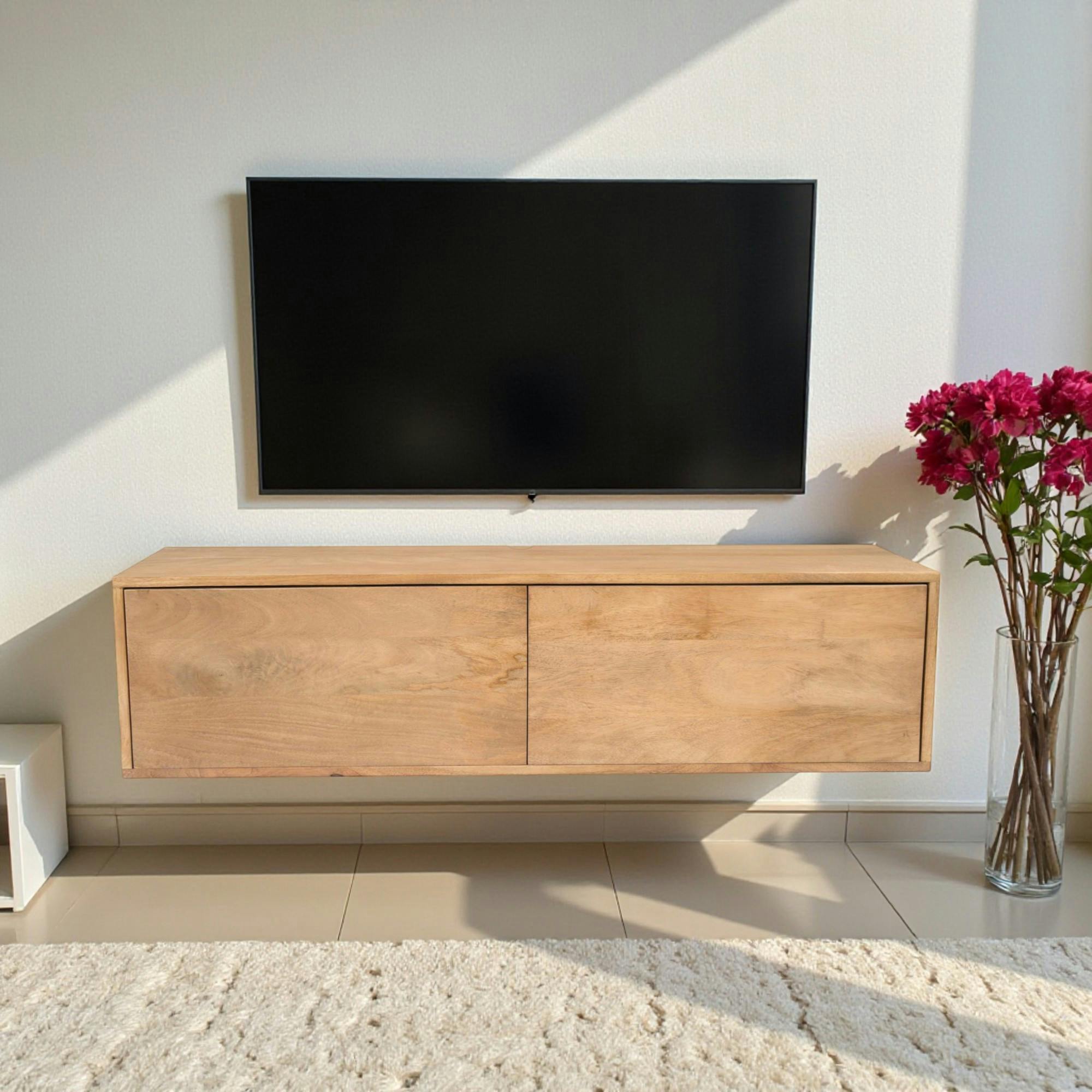 Petit meuble TV suspendu bois clair 2 portes JUNO