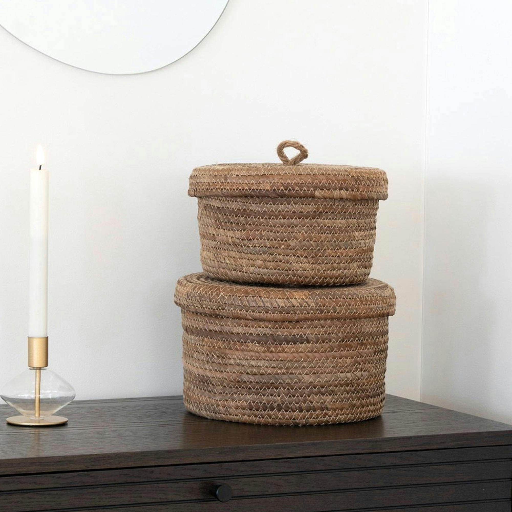 Petit panier de rangement rond en feuille de bananier avec couvercle (lot de 2)