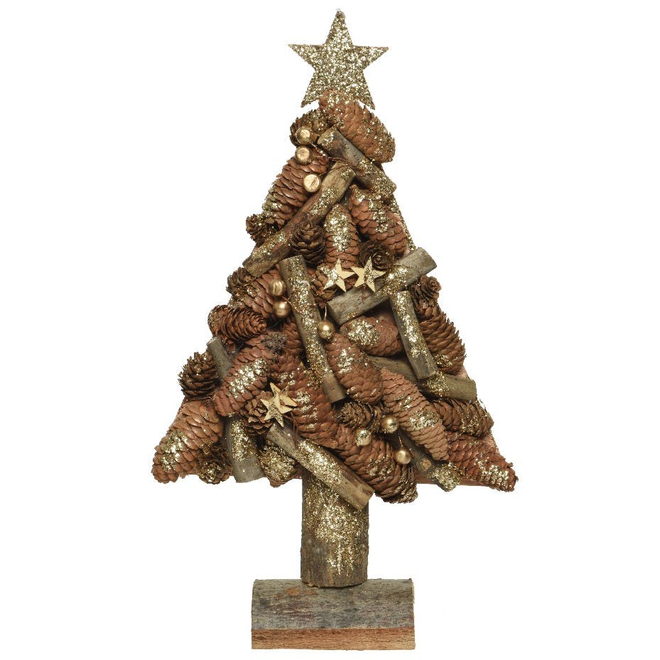 Petit sapin de Noël brun et or avec pommes de pin