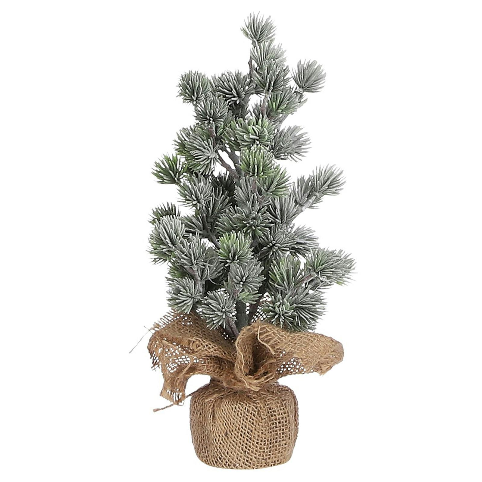 Petit sapin de Noël givré avec toile de jute
