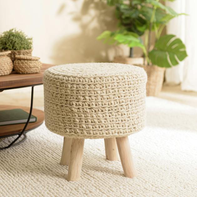 Petit tabouret rond laine tressée et bois TIM | Poufs | Pier Import