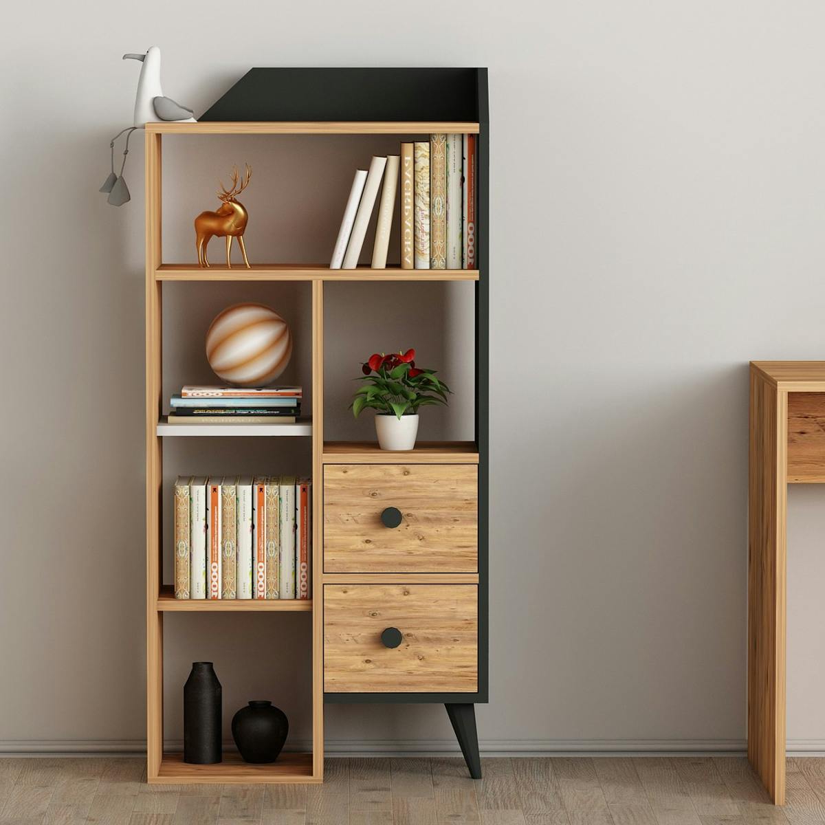 Petite bibliothèque de chambre effet bois, 2 tiroirs MARFA