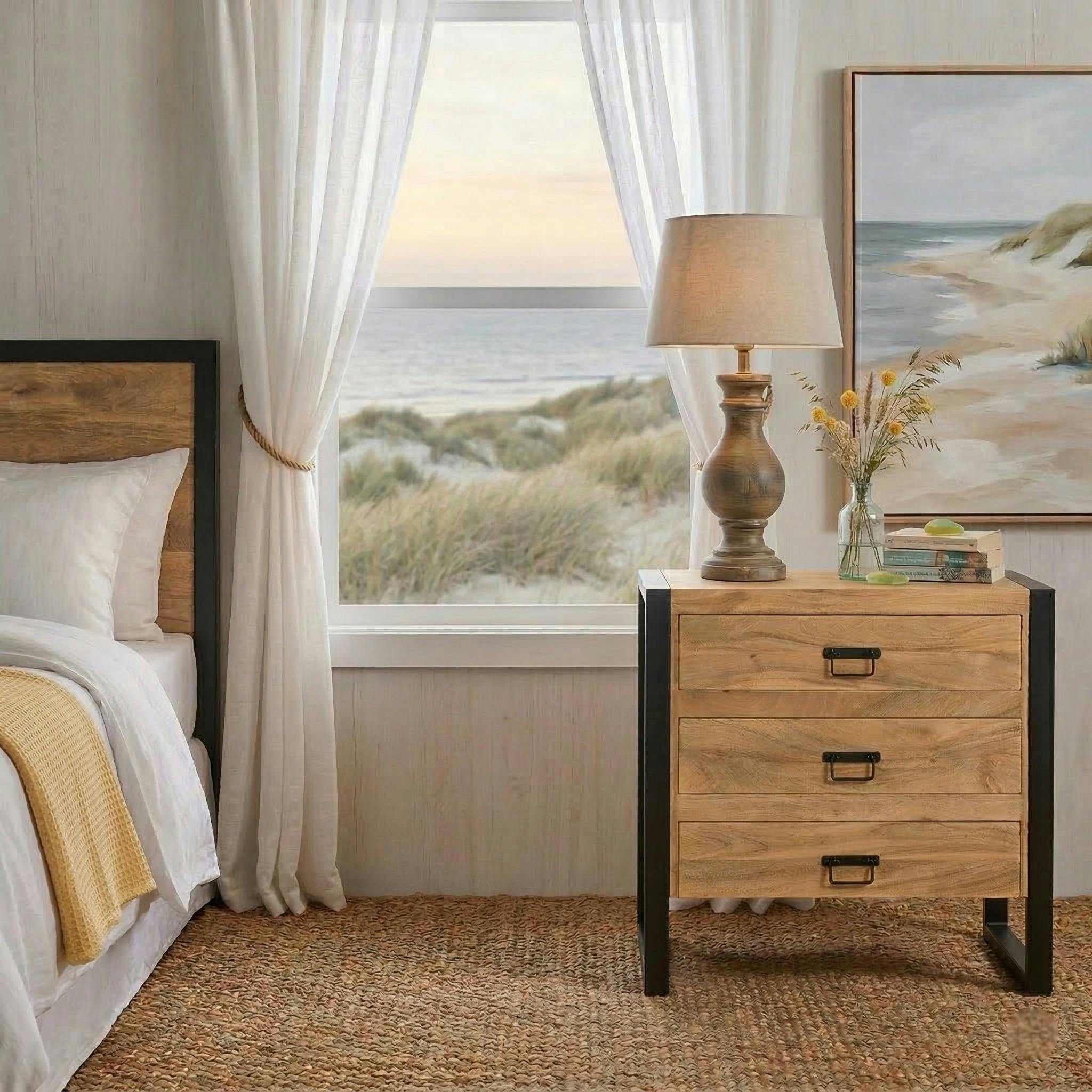 Petite commode 3 tiroirs bois clair et métal noir MILORA