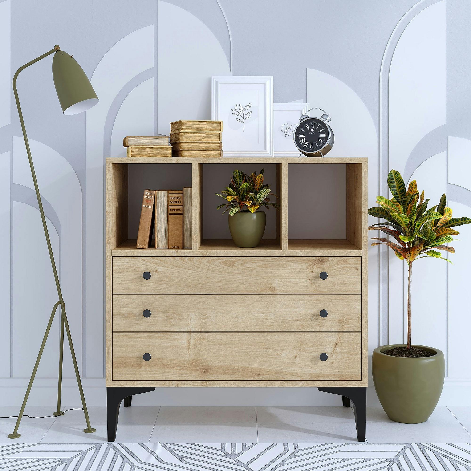 Petite commode 3 tiroirs et 3 niches décoratives JENA