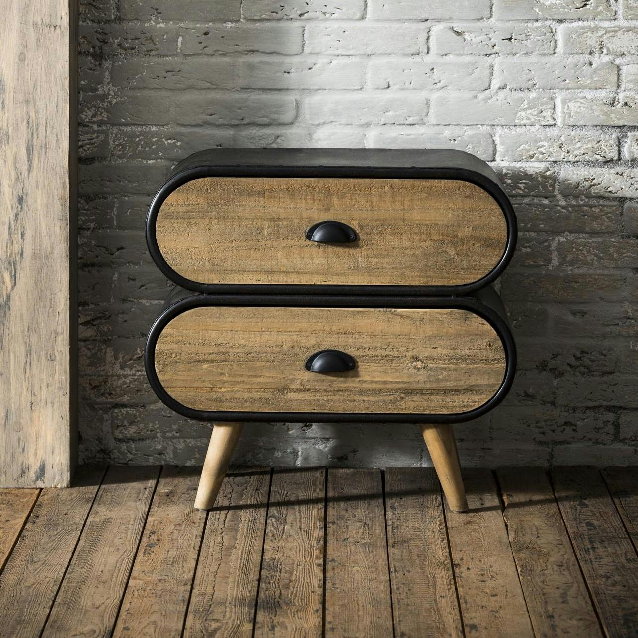 Petite commode bois massif métal 2 tiroirs NIAGARA