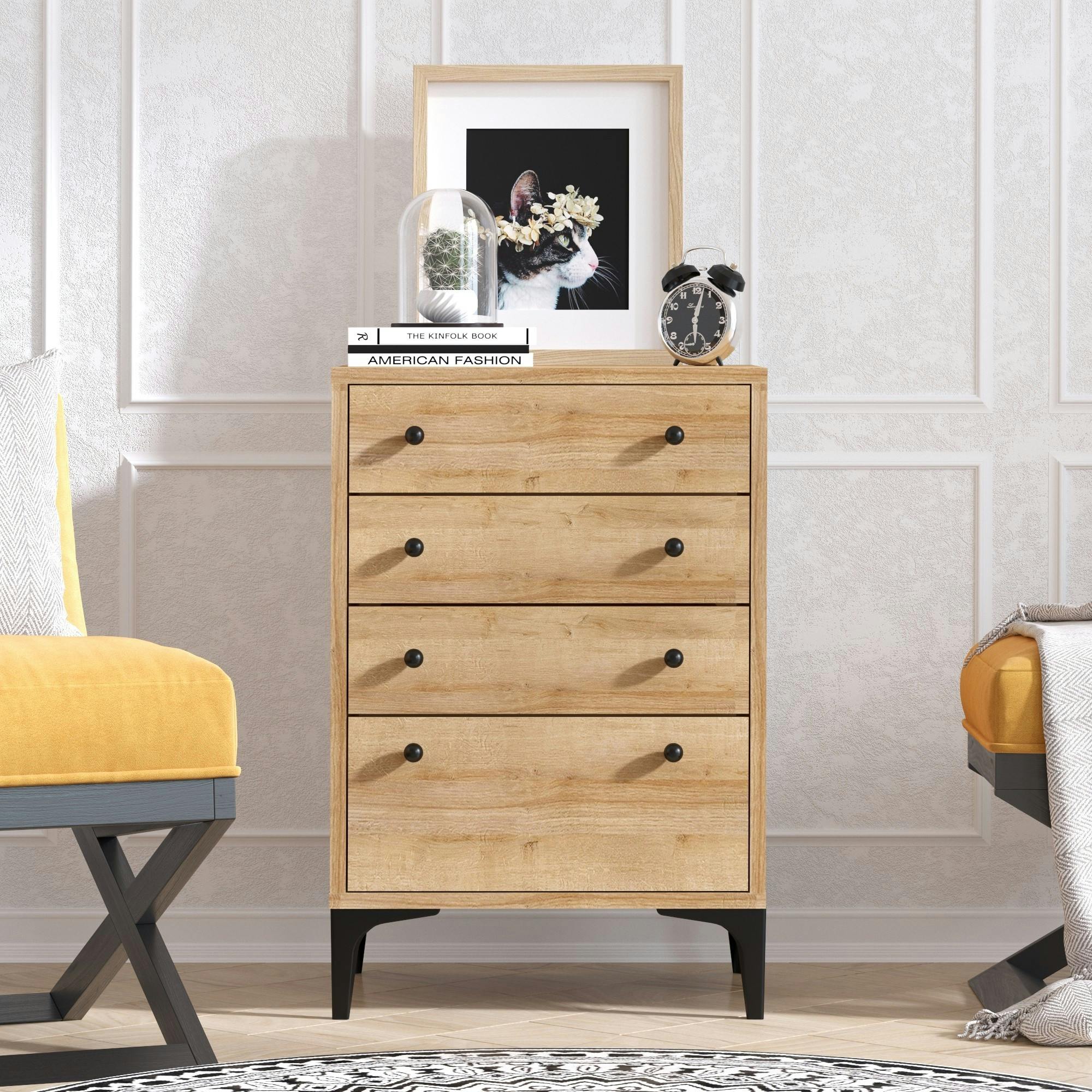 Petite commode de chambre effet bois clair 4 tiroirs JENA