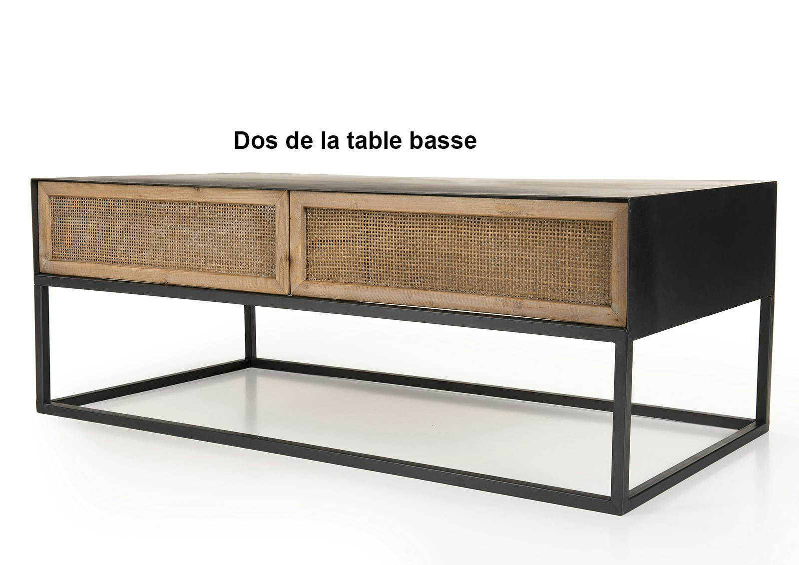 Table basse Fuji bord en bois cannage de Vienne base métal Noir