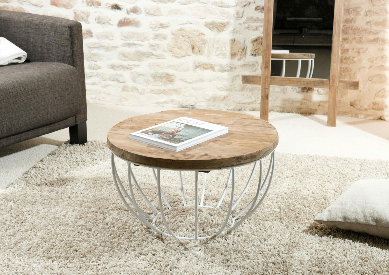Petite table basse ronde teck recyclé structure filaire blanche SWING