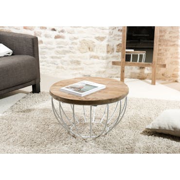  Table basse ronde en bois recycle et metal blanc style contemporain