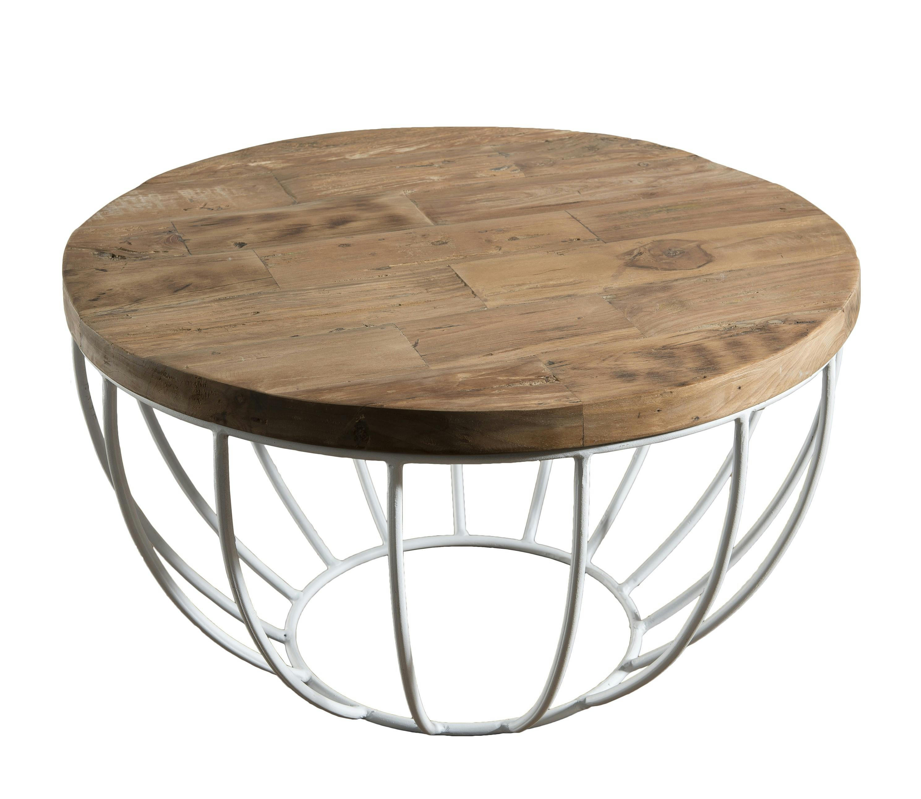 Petite table basse ronde teck recyclé structure filaire blanche SWING