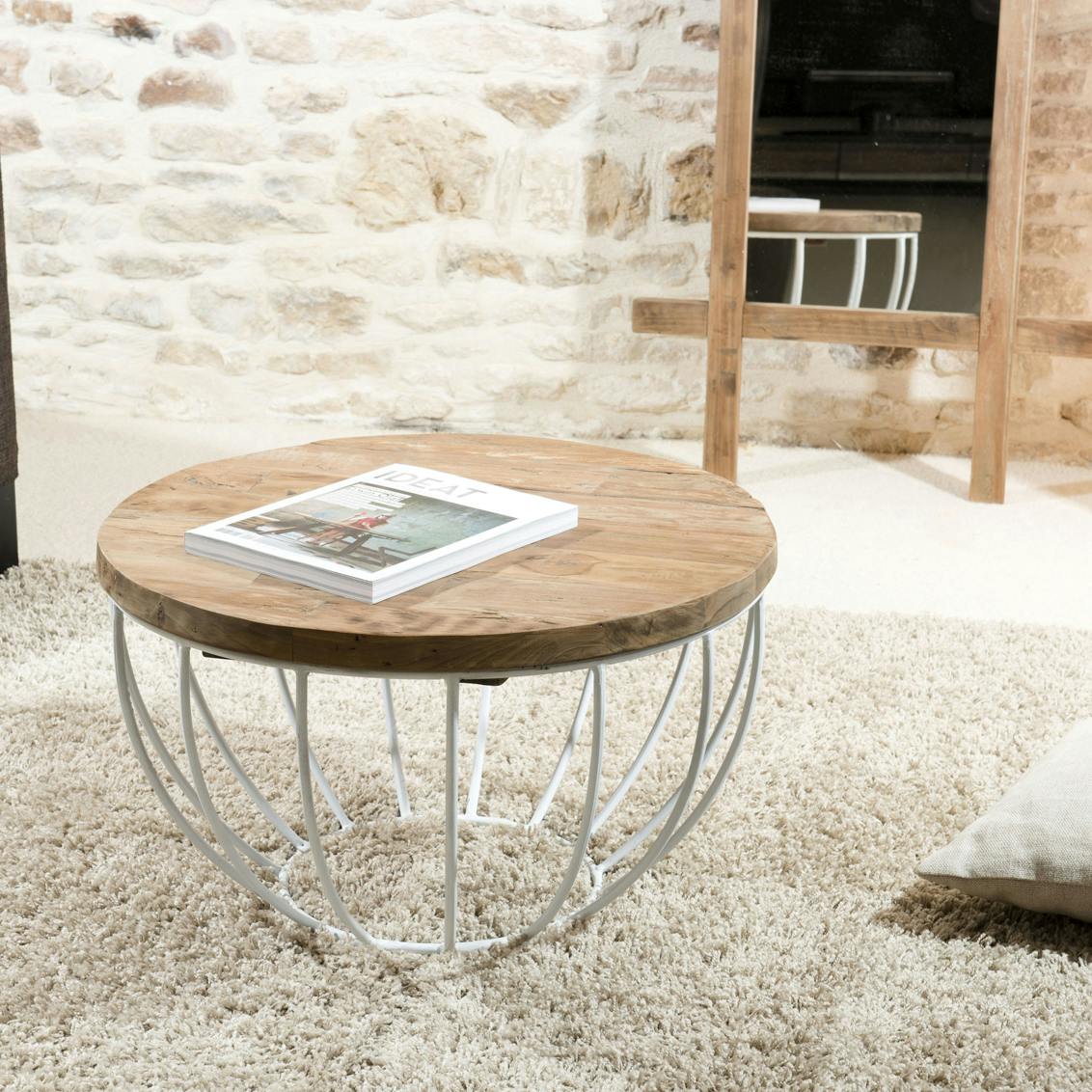Table basse ronde en bois recycle et metal blanc style contemporain
