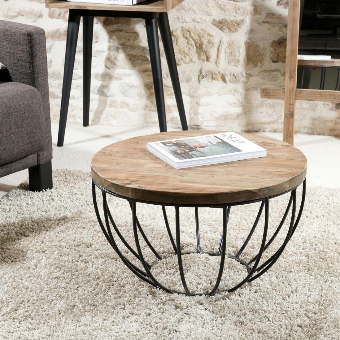 Table basse ronde en bois recycle et metal noir style contemporain