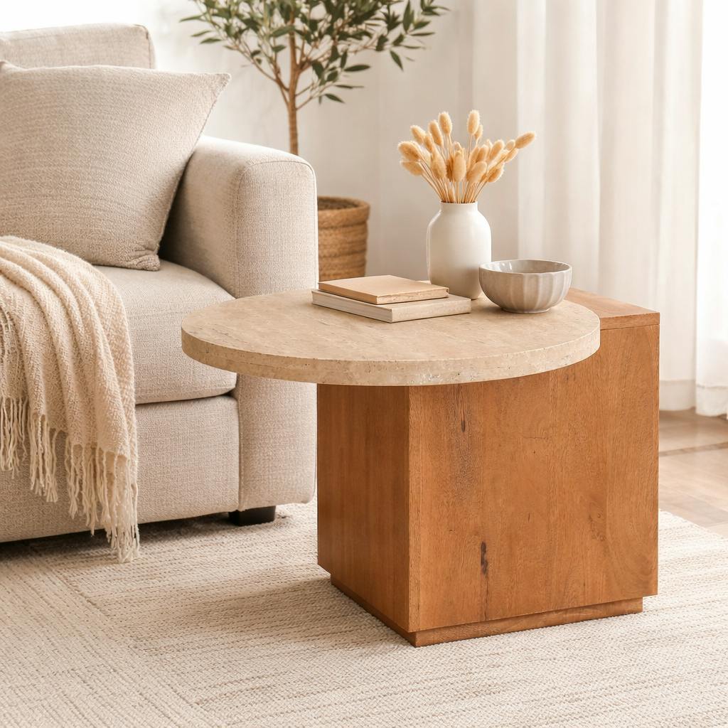 Petite table basse travertin et bois design DUOMO