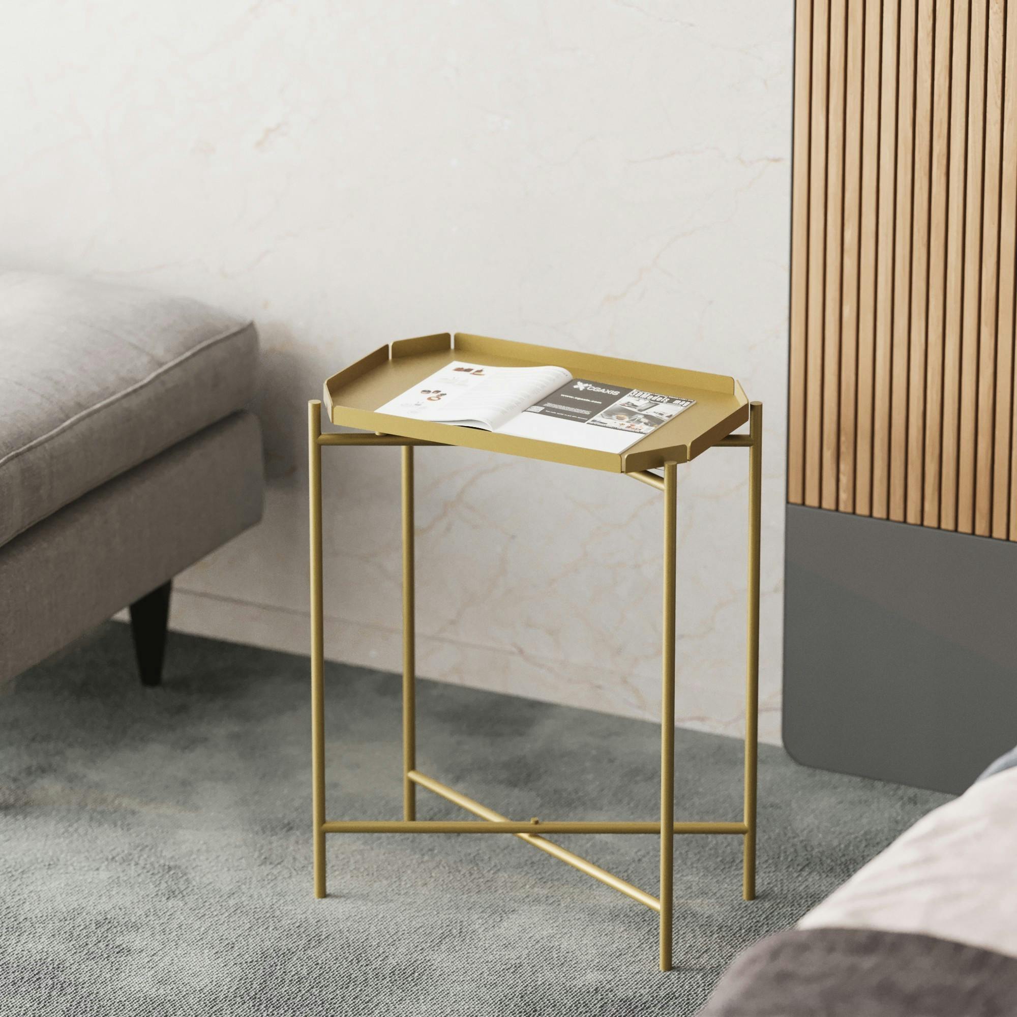 Petite table d’appoint dorée, plateau rectangulaire SFAX