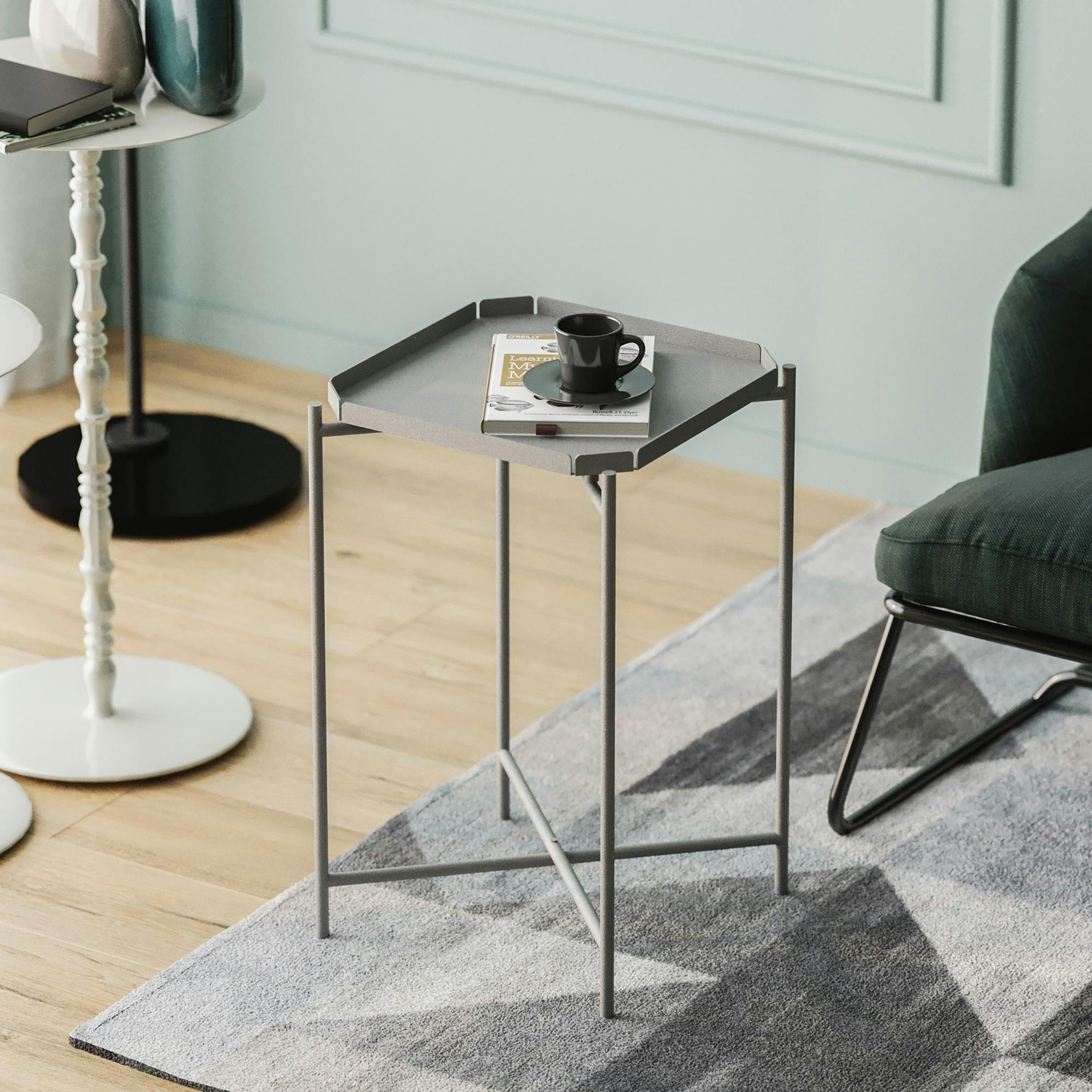 Petite table d’appoint grise carrée, pieds croisés SFAX