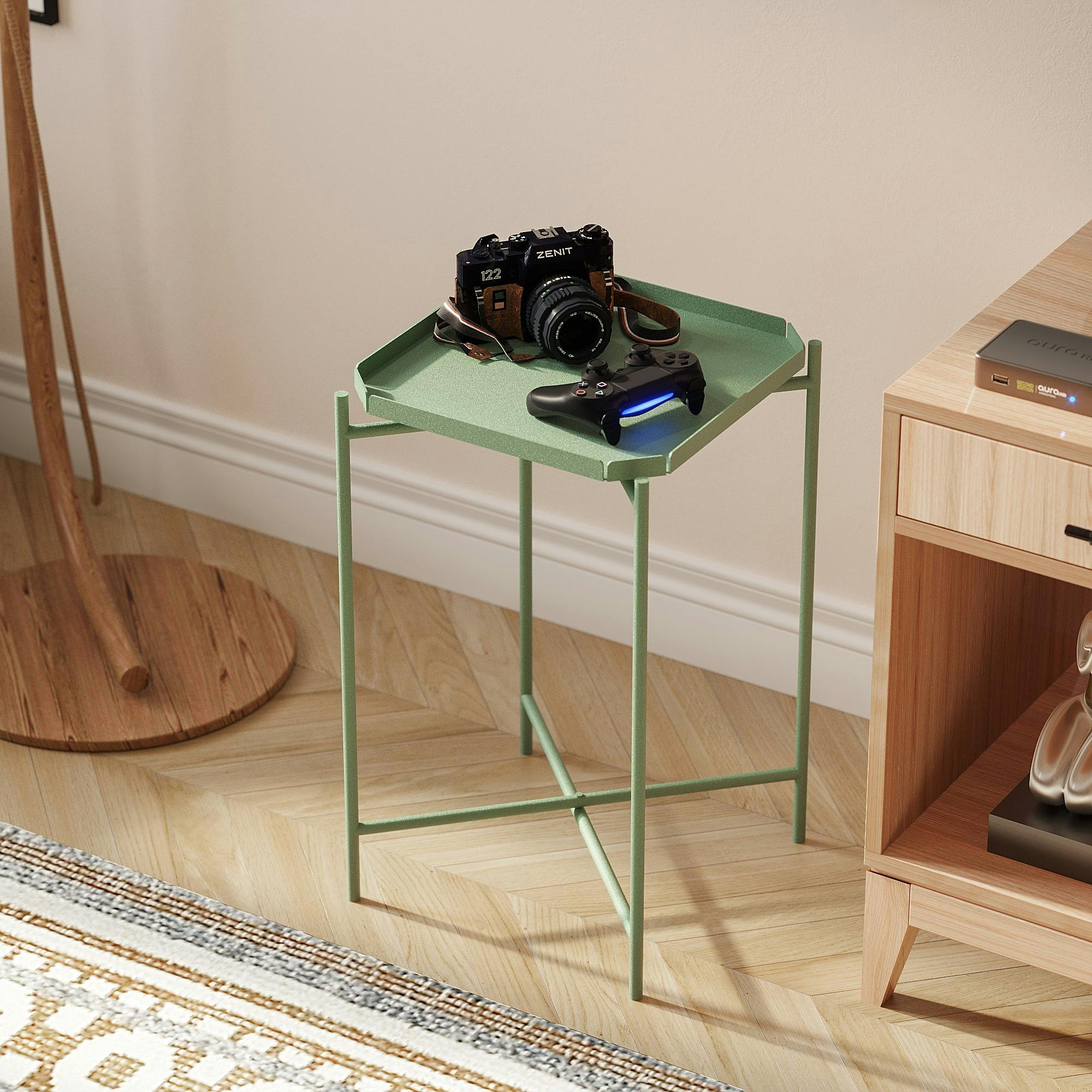 Petite table d’appoint verte carrée, pieds croisés SFAX