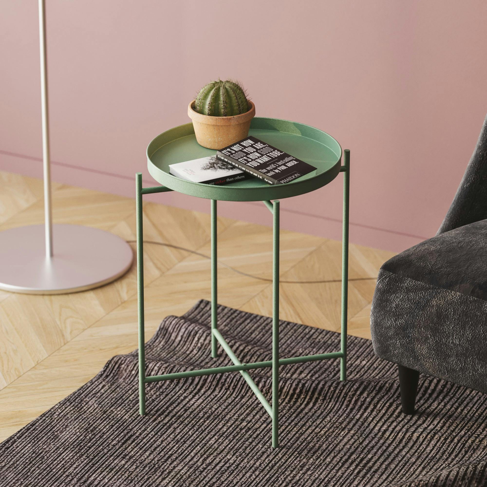 Petite table d'appoint verte - structure ronde, métal SFAX