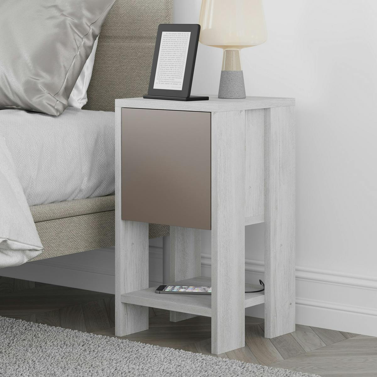 Petite table de chevet blanc gris 1 porte moka MARFA
