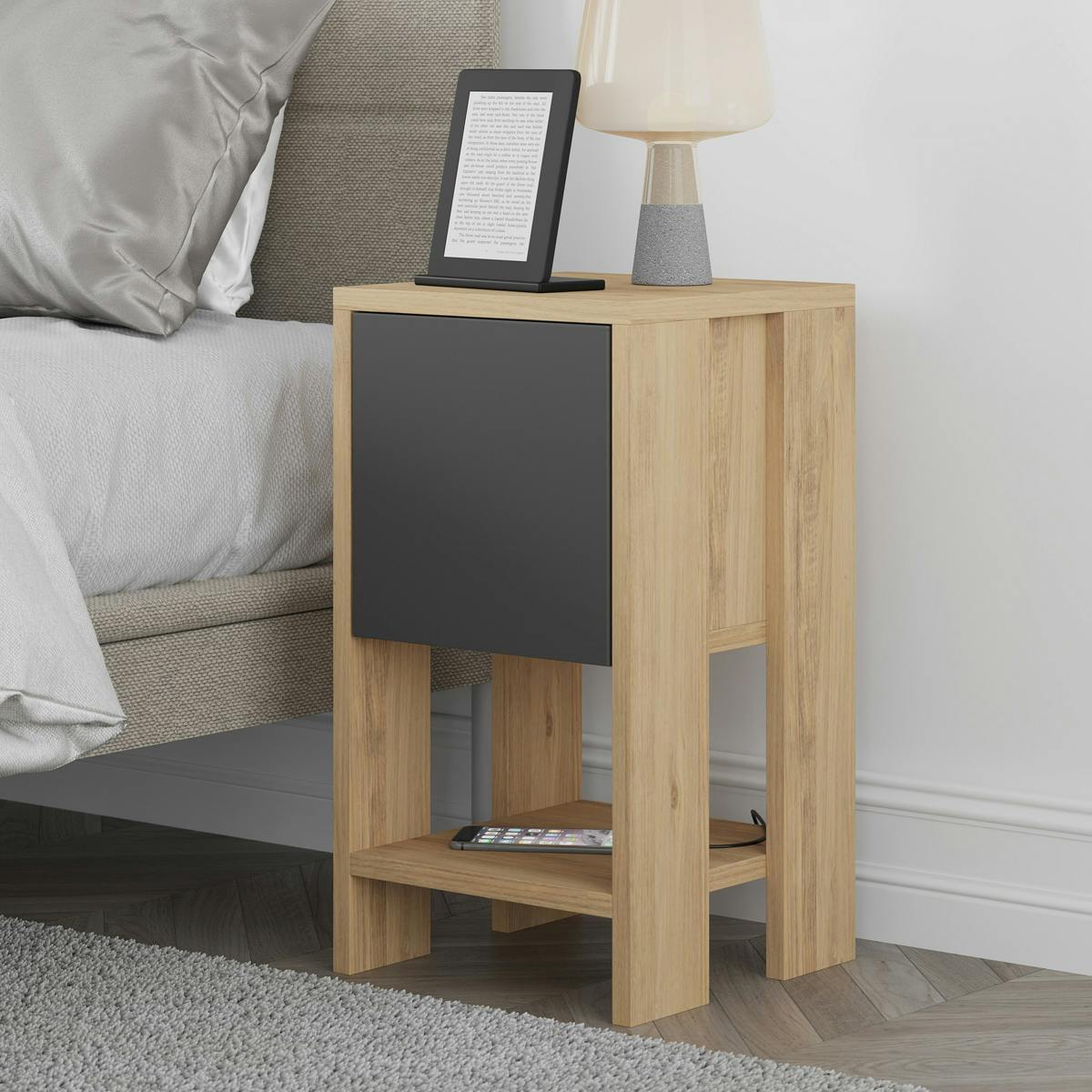 Petite table de chevet décor bois porte grise MARFA
