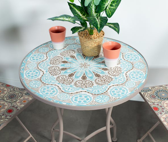Petite table de jardin ronde en mosaïque bleu clair et brun D. 60 cm GRENADE