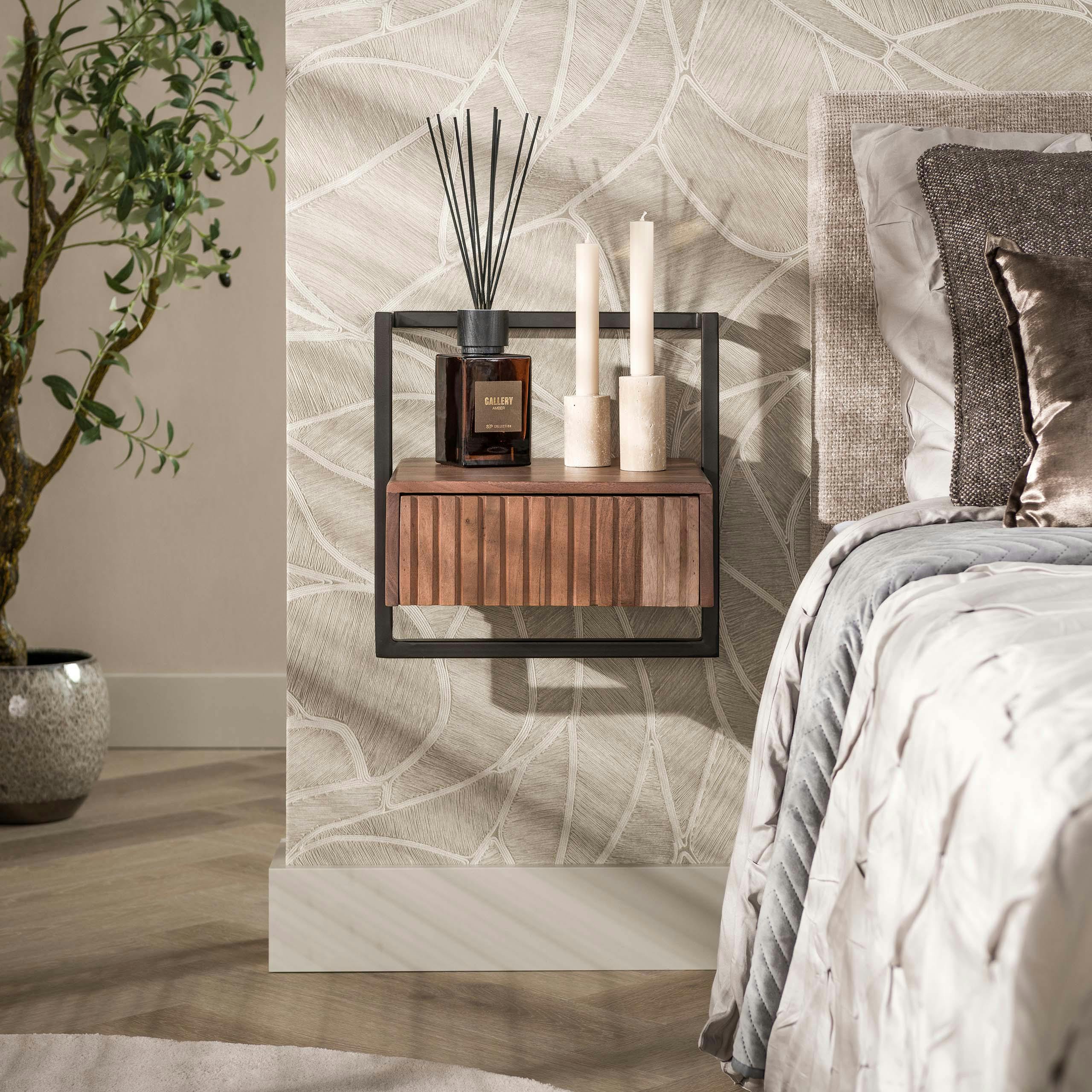 Petite table de nuit murale 1 tiroir bois brun rainuré 39 cm NAKO