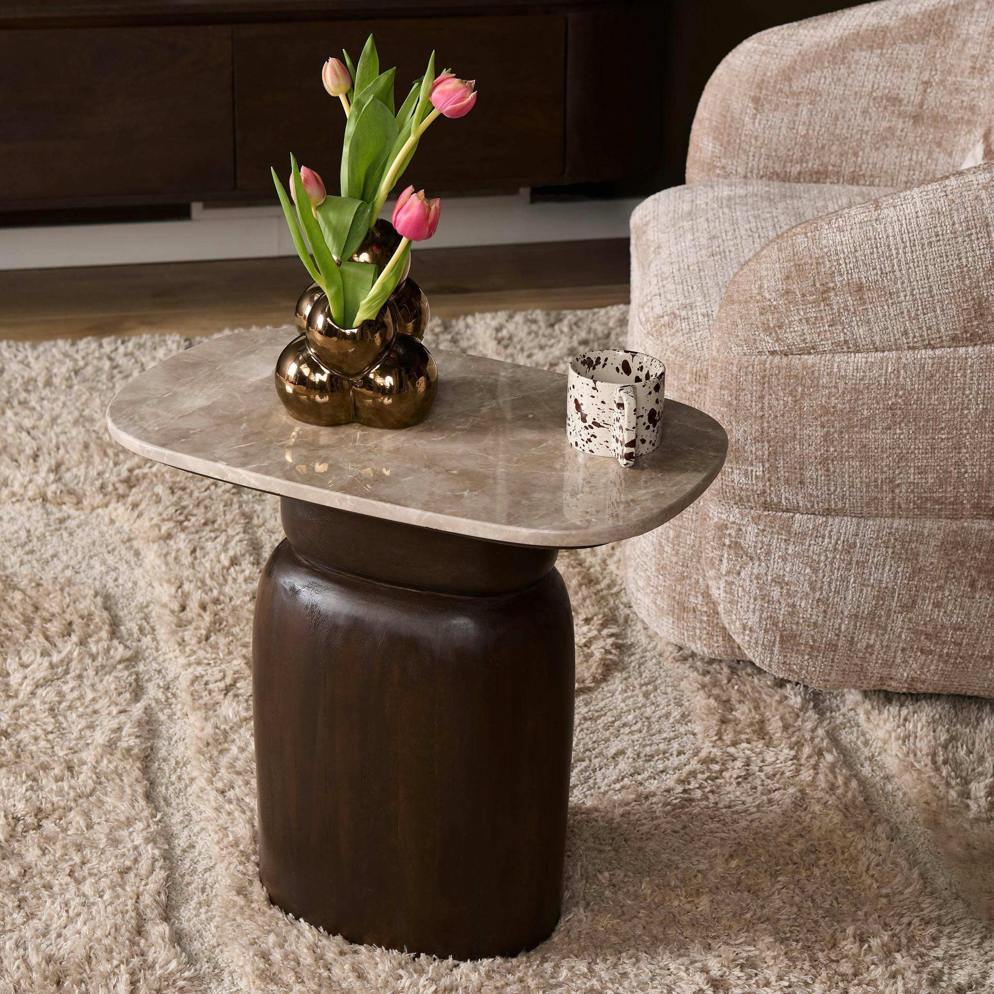 Petite table salon marbre et bois brun DUOMO