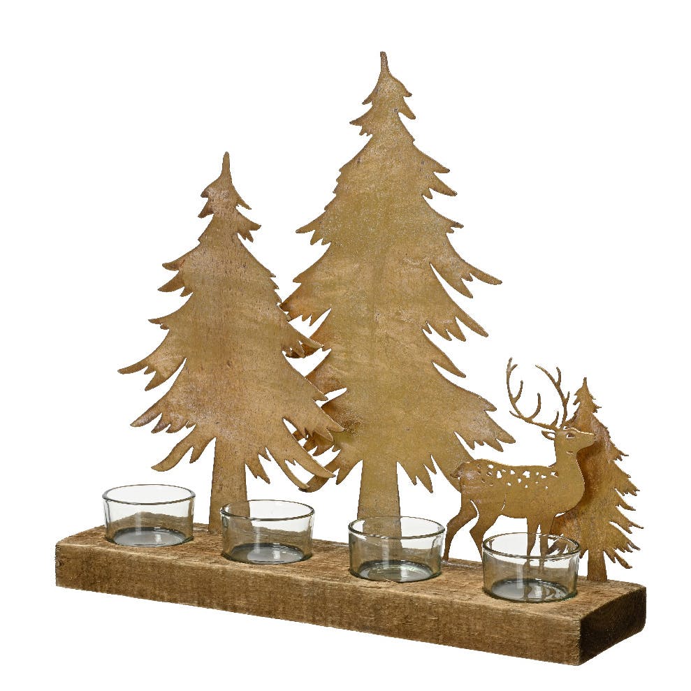 Photophore 4 bougies sapin et cerf métal or vieilli