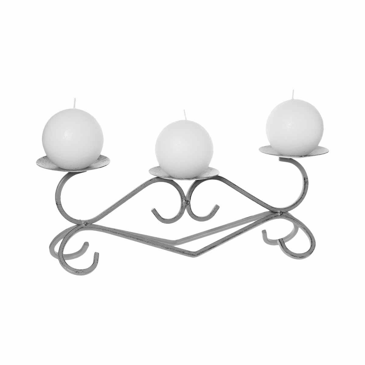 Photophore avec de jolies courbes en métal gris et ses 3 bougies boules 35X9XH18cm