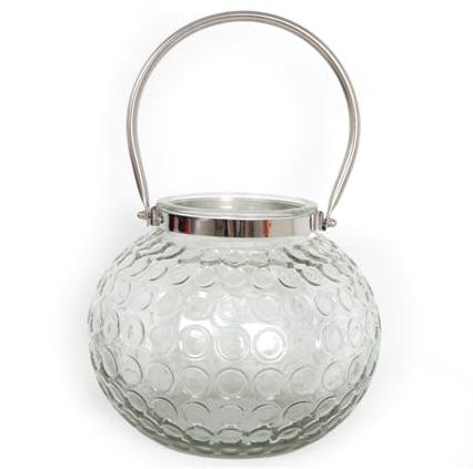 Photophore boule verre fumé transparent façon "optique" avec anse en inox 19x18,5cm