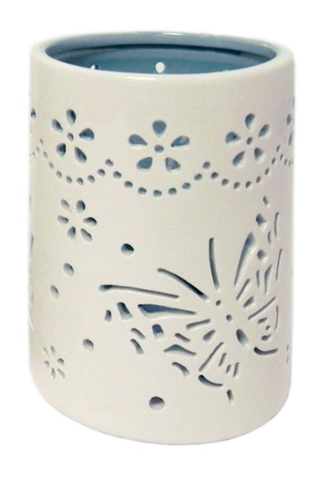 Photophore céramique beige intérieur bleu ajouré découpe fleurs et papillon D8,5xH11,5cm