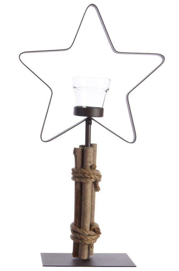 Photophore Etoile en métal sur pied bois 32cm