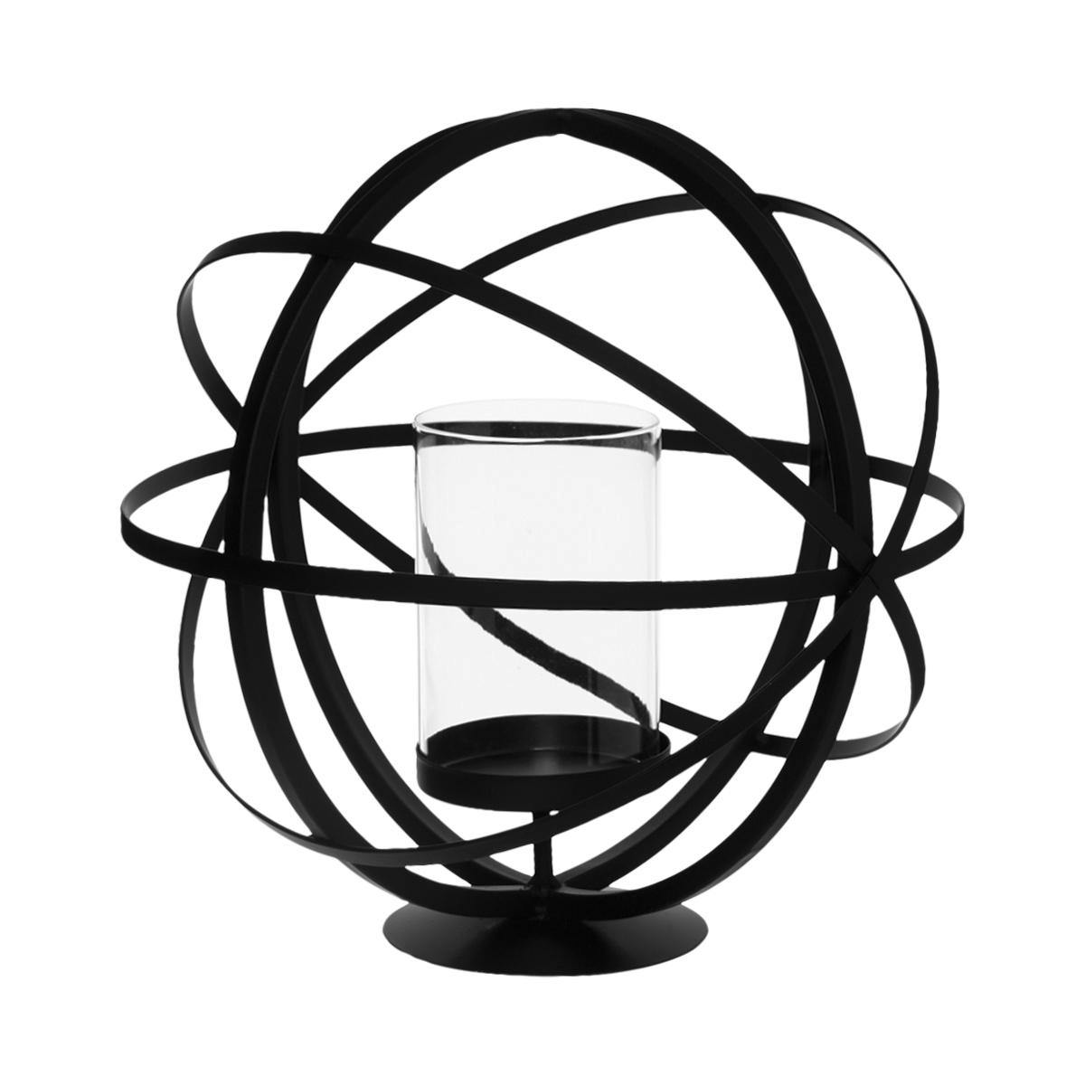 Photophore forme boule en métal noir et tube en verre D23xH22cm