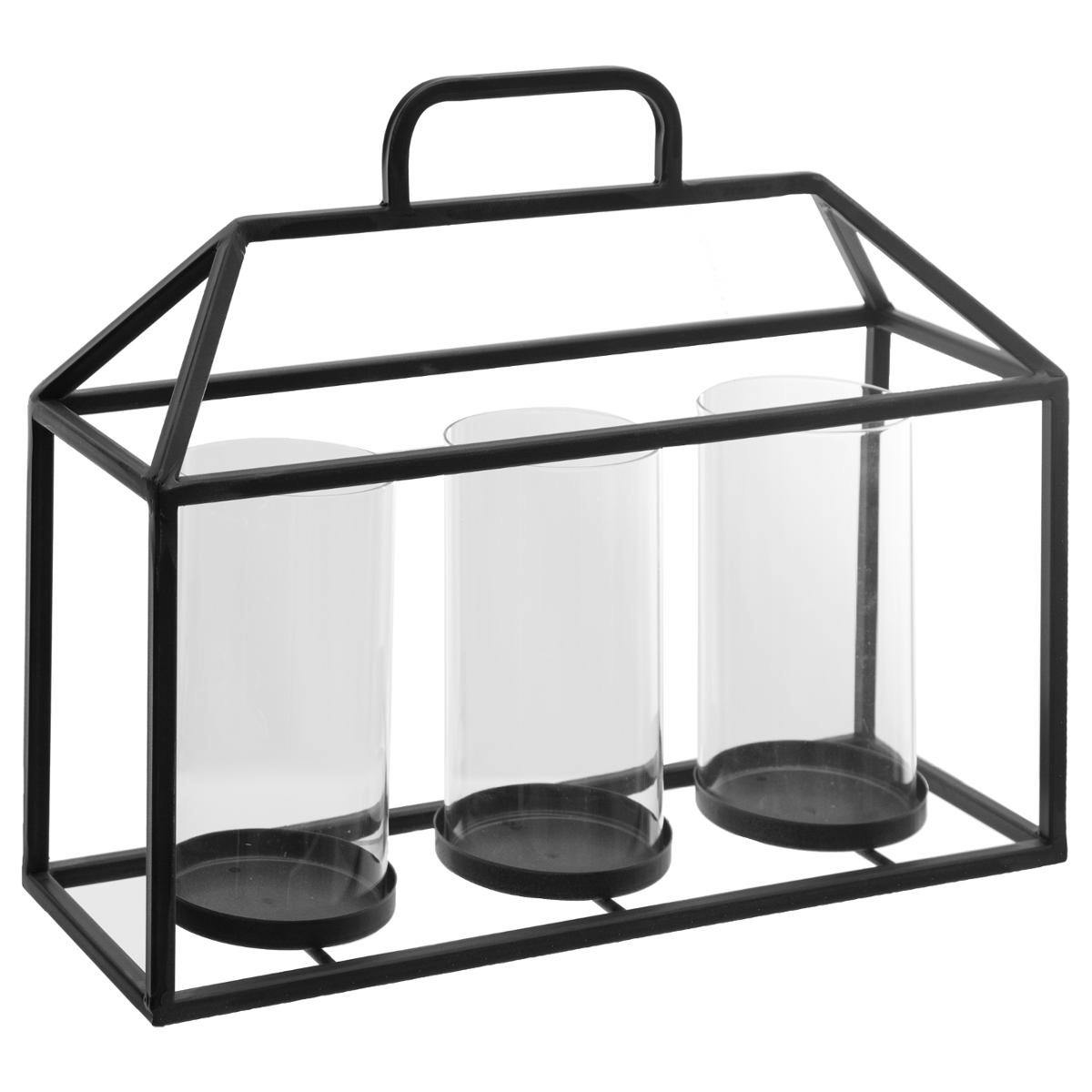 Photophore rectangle forme cage en métal noir avec 3 bougeoirs en métal H30cm