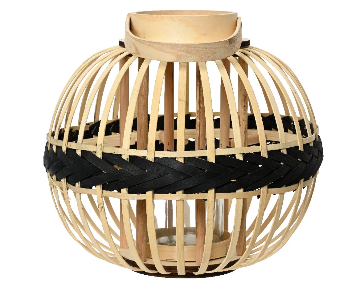 Photophore rond rotin naturel tressage noir H30 cm