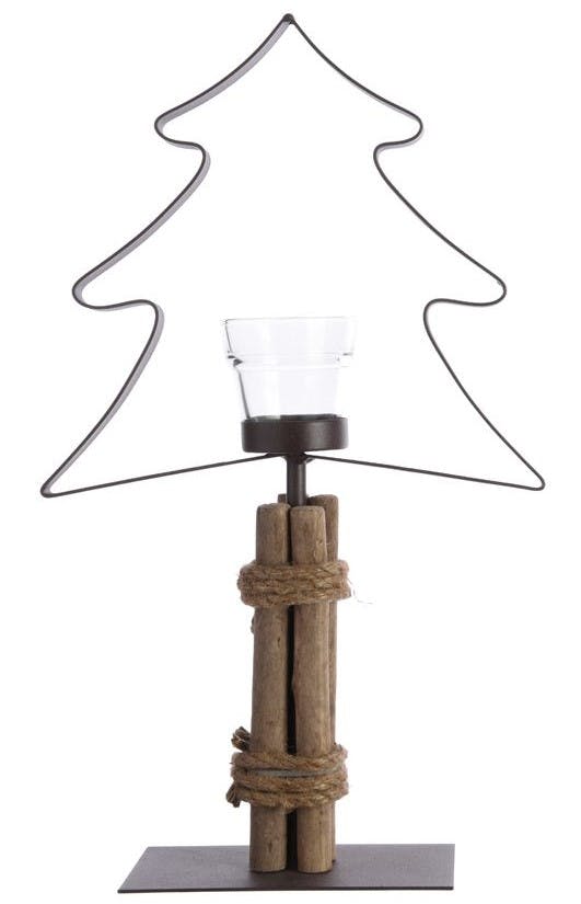 Photophore Sapin en métal sur pied bois 32cm