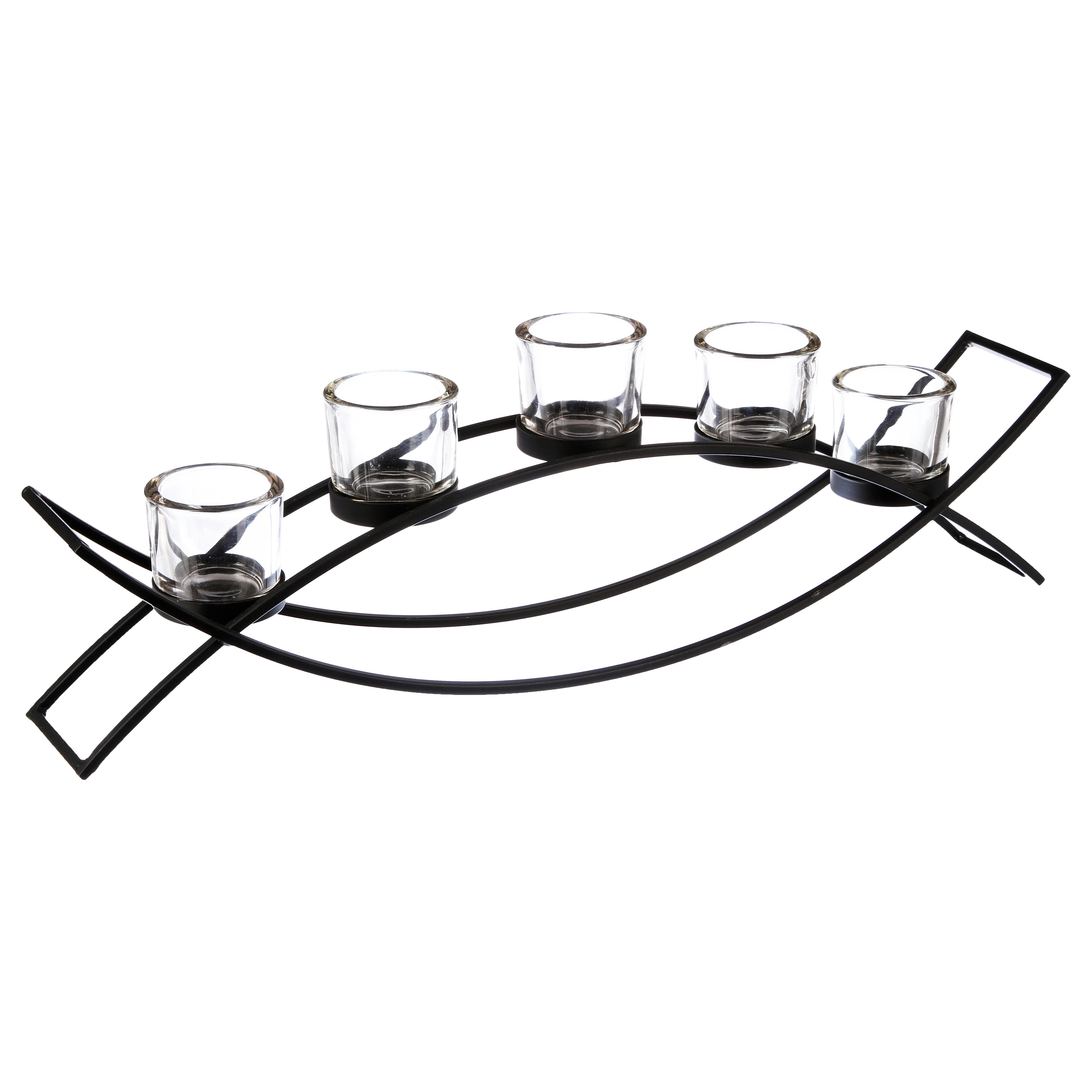 Photophore sur pied forme arc de cercle en métal noir avec 5 bougeoirs en verre 54x9xH17cm