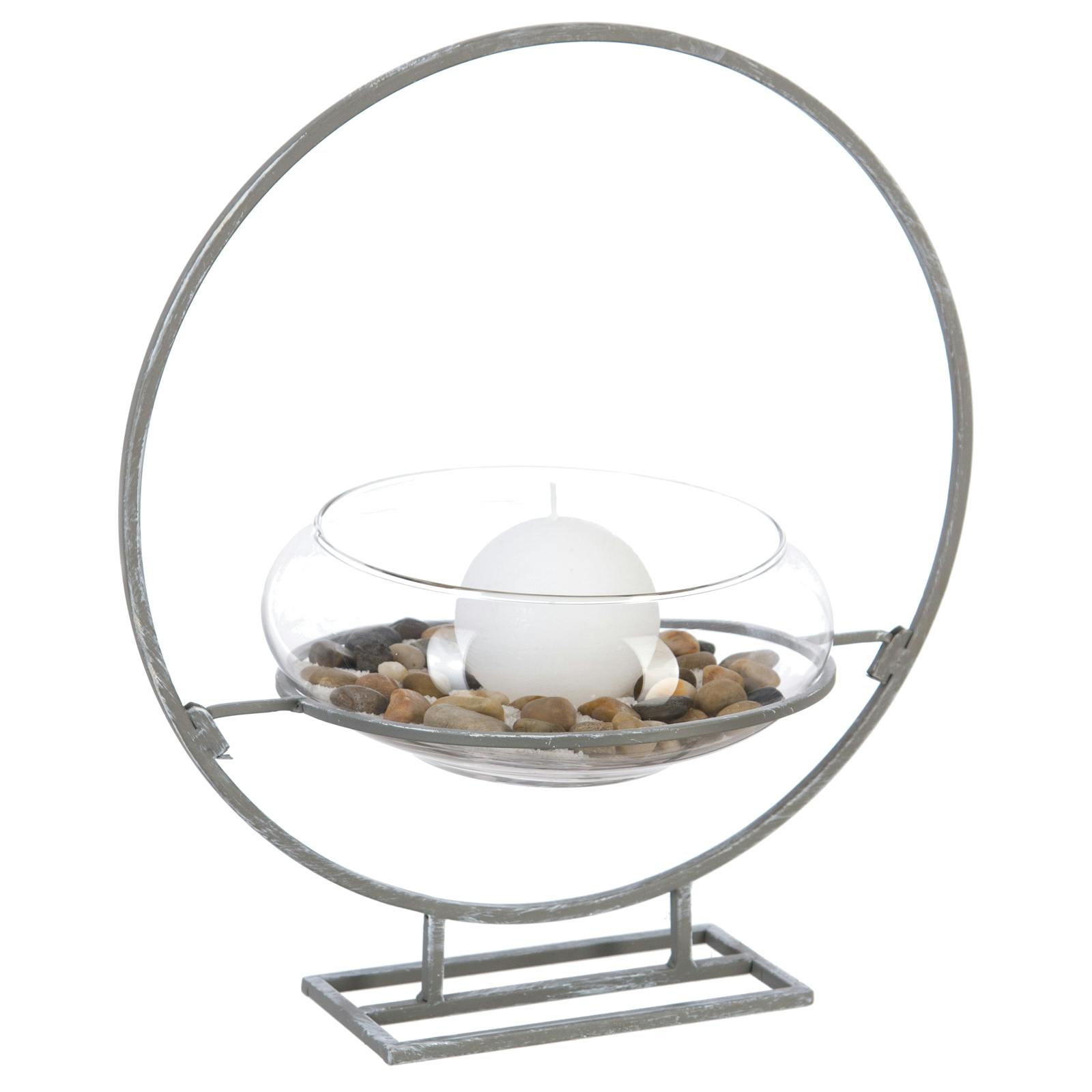 Photophore verre sur support cercle métal gris décoré de sables, cailloux et bougie D31xH34cm