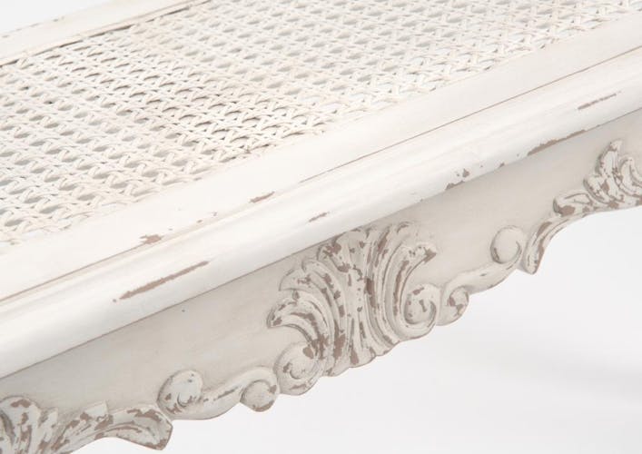 Pied de lit canné shabby romantique en bois blanc vieilli 110 cm LOUISE L110xP35xH45 AMADEUS