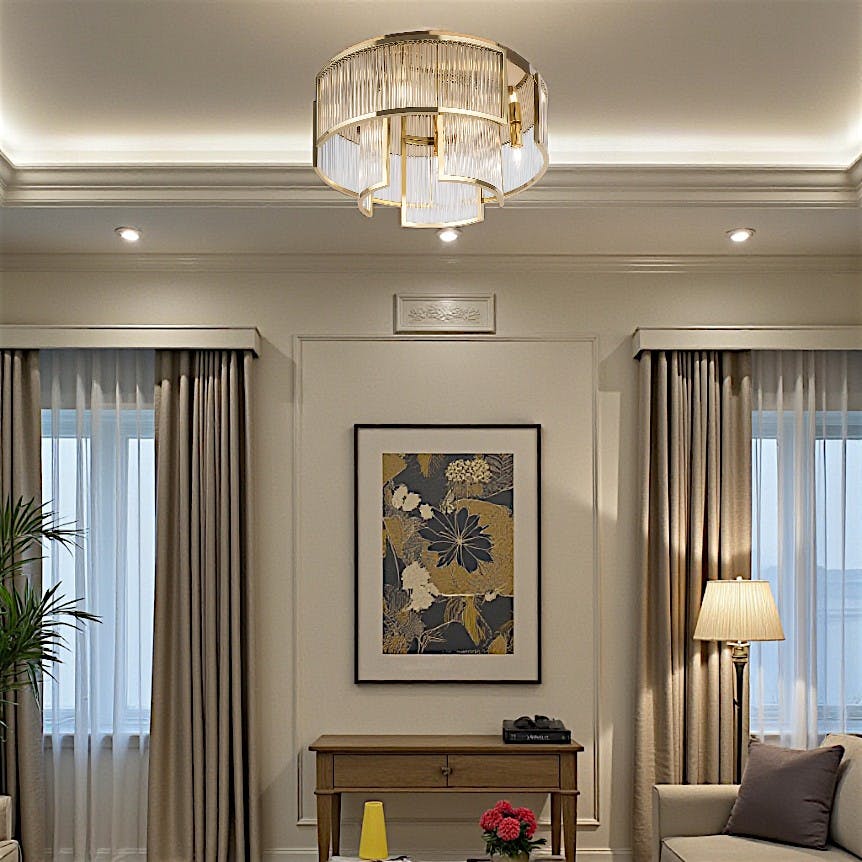 Plafonnier Art Déco verre cannelé – structure dorée ELMA