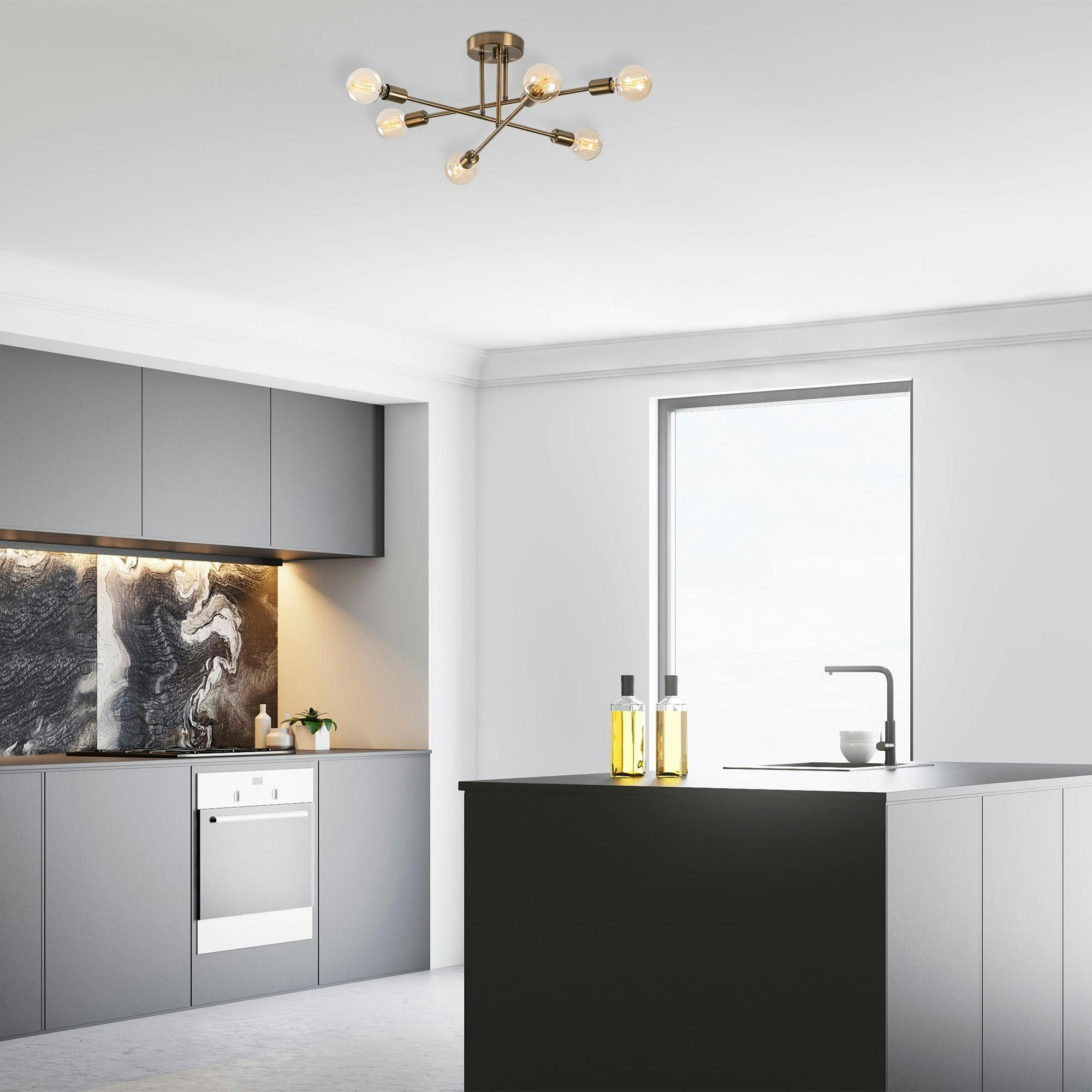 Plafonnier design doré, 6 lampes sur tiges MARATEA