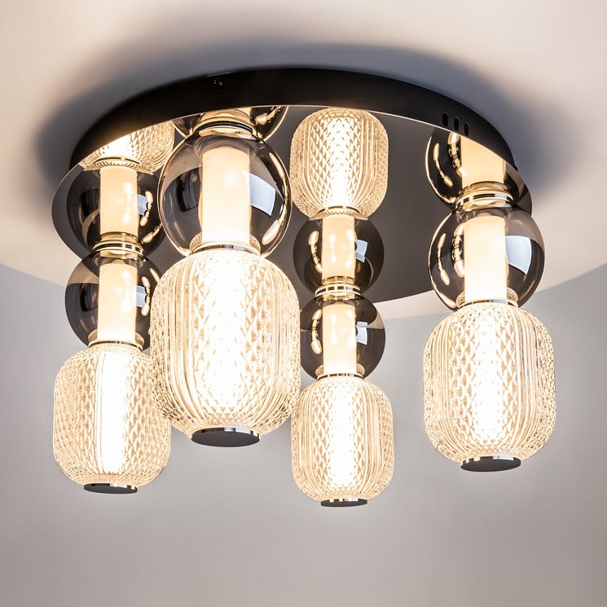 Plafonnier LED verre taillé, abat-jour suspendus chromés ADA