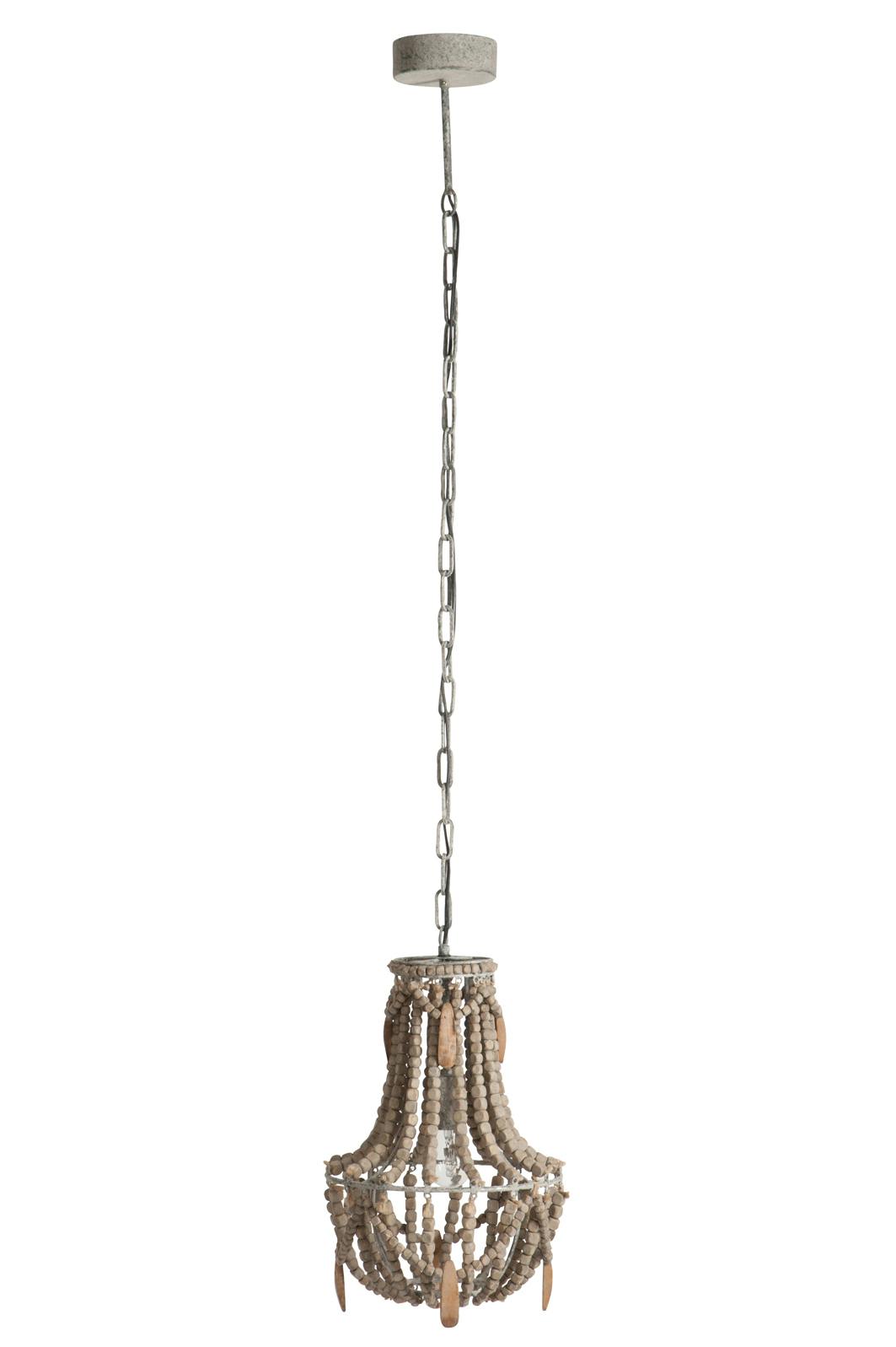 Plafonnier lustre, perles de bois et métal - D28 H144cm