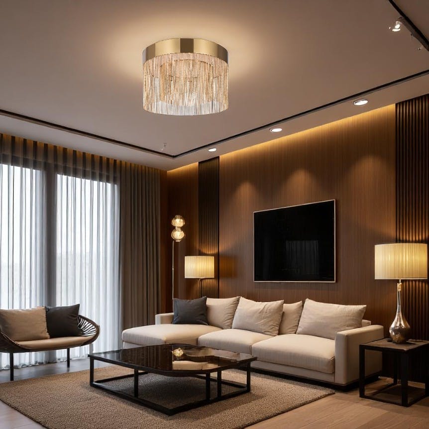 Plafonnier moderne LED – double rang de franges dorées AMOS