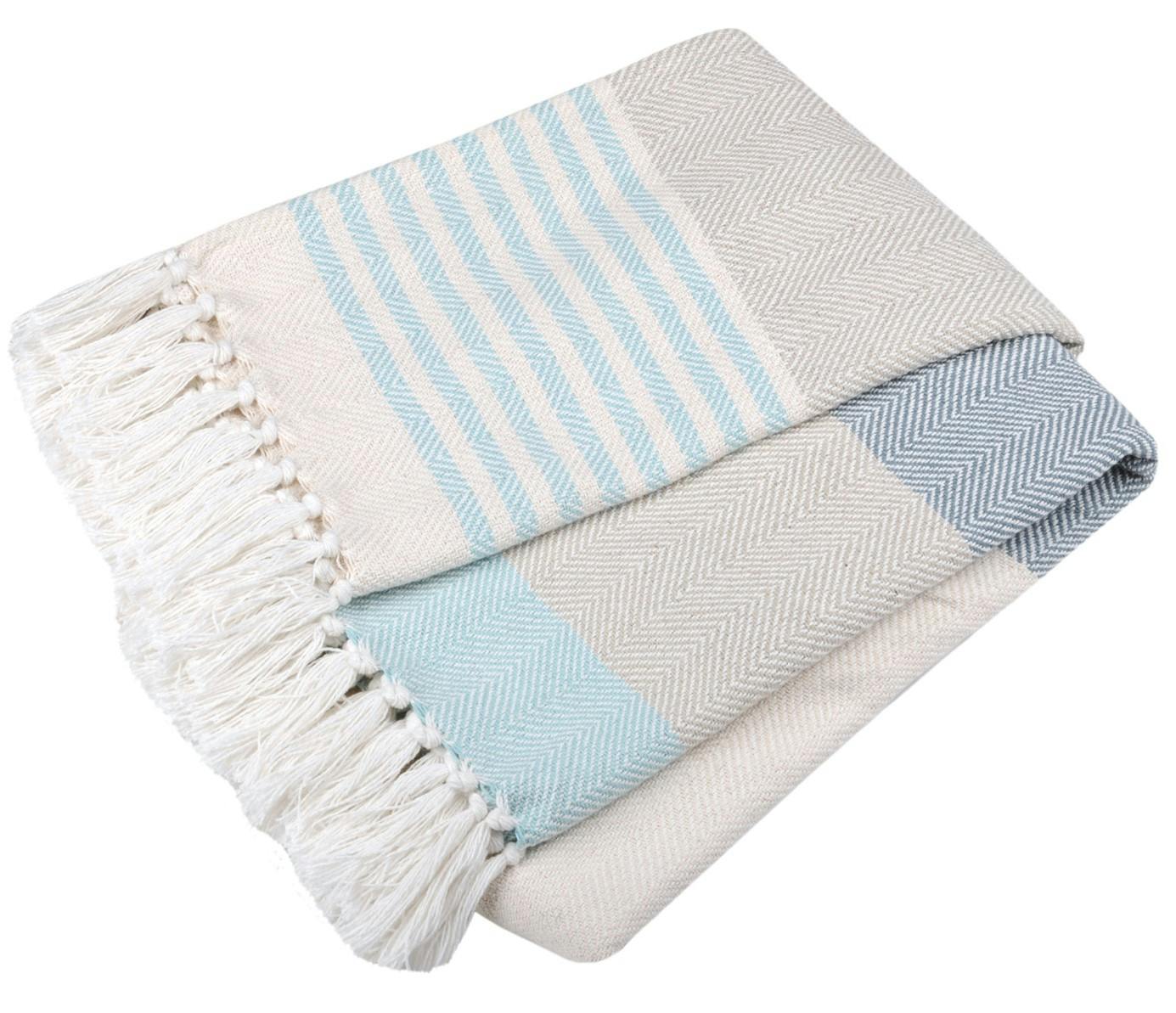 Plaid à motifs tons gris et vert d'eau et franges