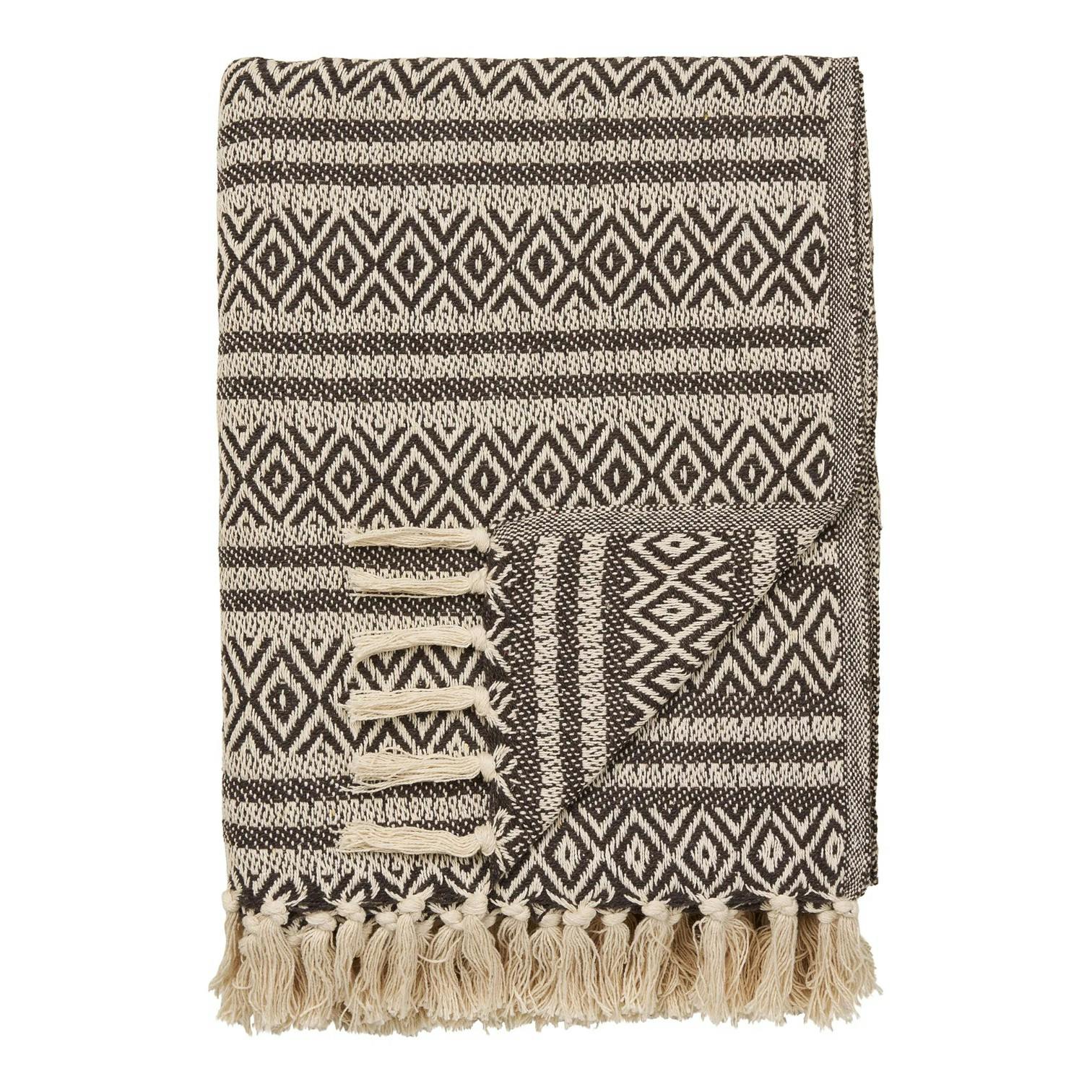 Plaid canapé marron à franges avec losanges FALLON