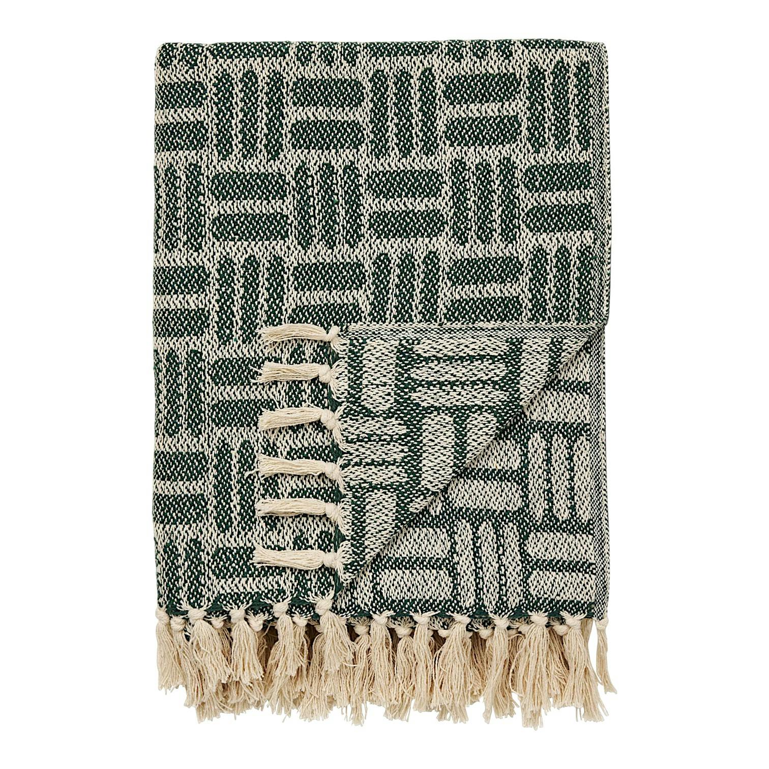 Plaid canapé vert à franges, lignes croisées FALLON